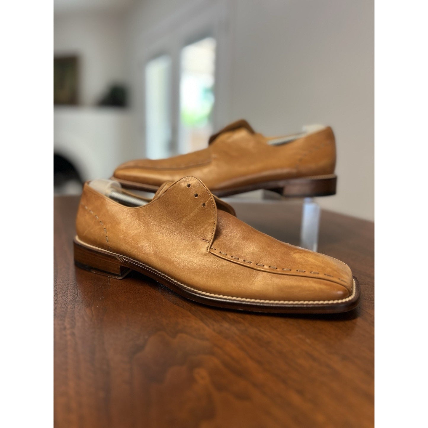Mezlan Maranello Sz10 M Tan Calfskin Leather Braided Trim Square Toe Derby Shoes