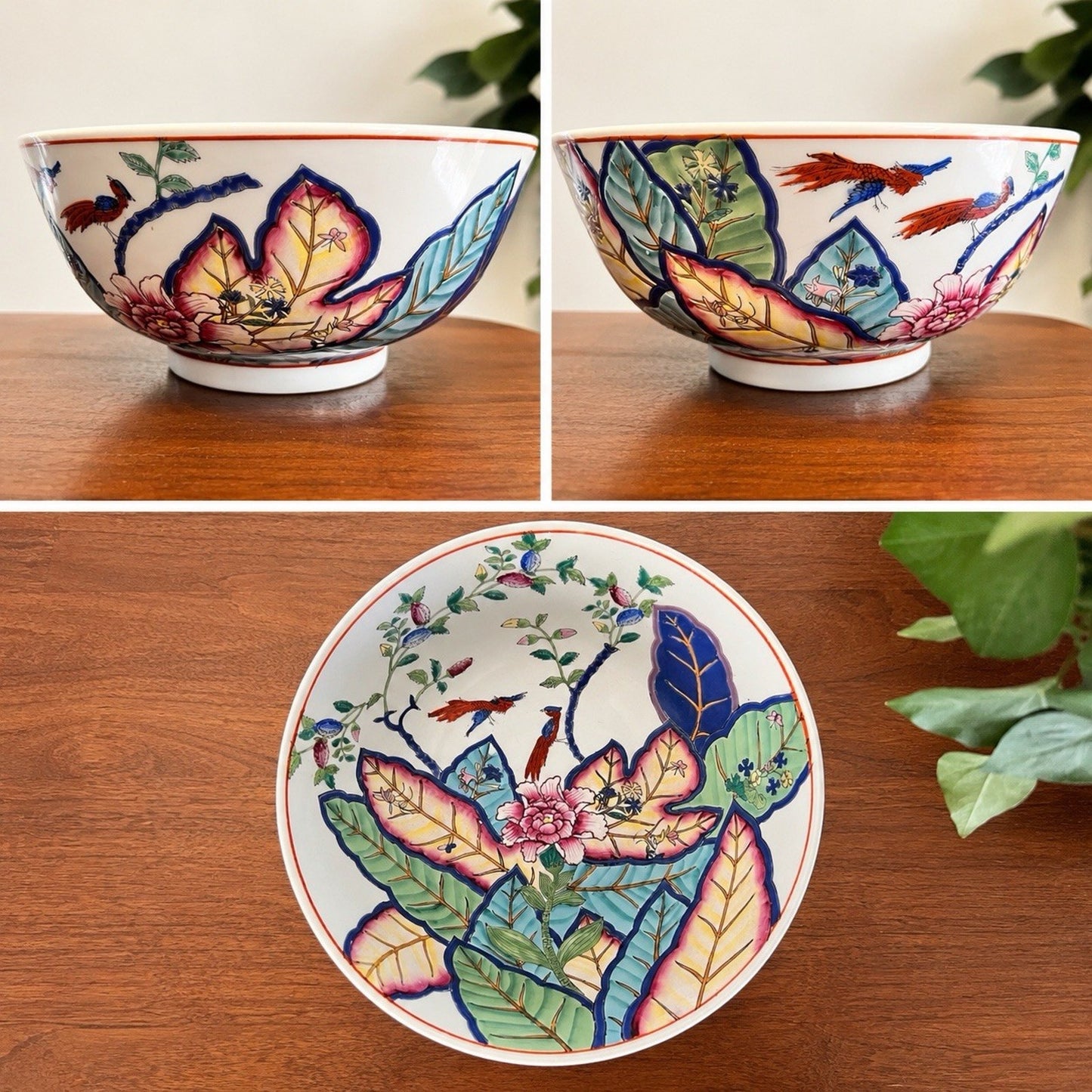 Chinese Export Tobacco Leaf Bowl 12x8” Chinoiserie Oriental Asian Hand Painted