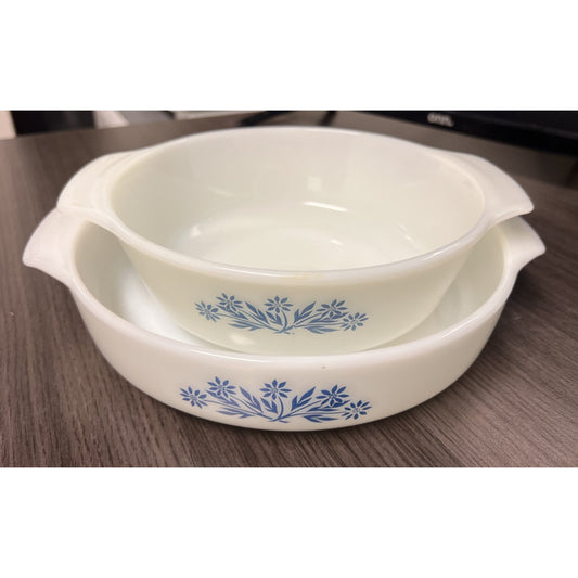 Vtg Anchor Hocking Fire King 2pc Round Blue Cornflower Milk Glass Casserole Dish