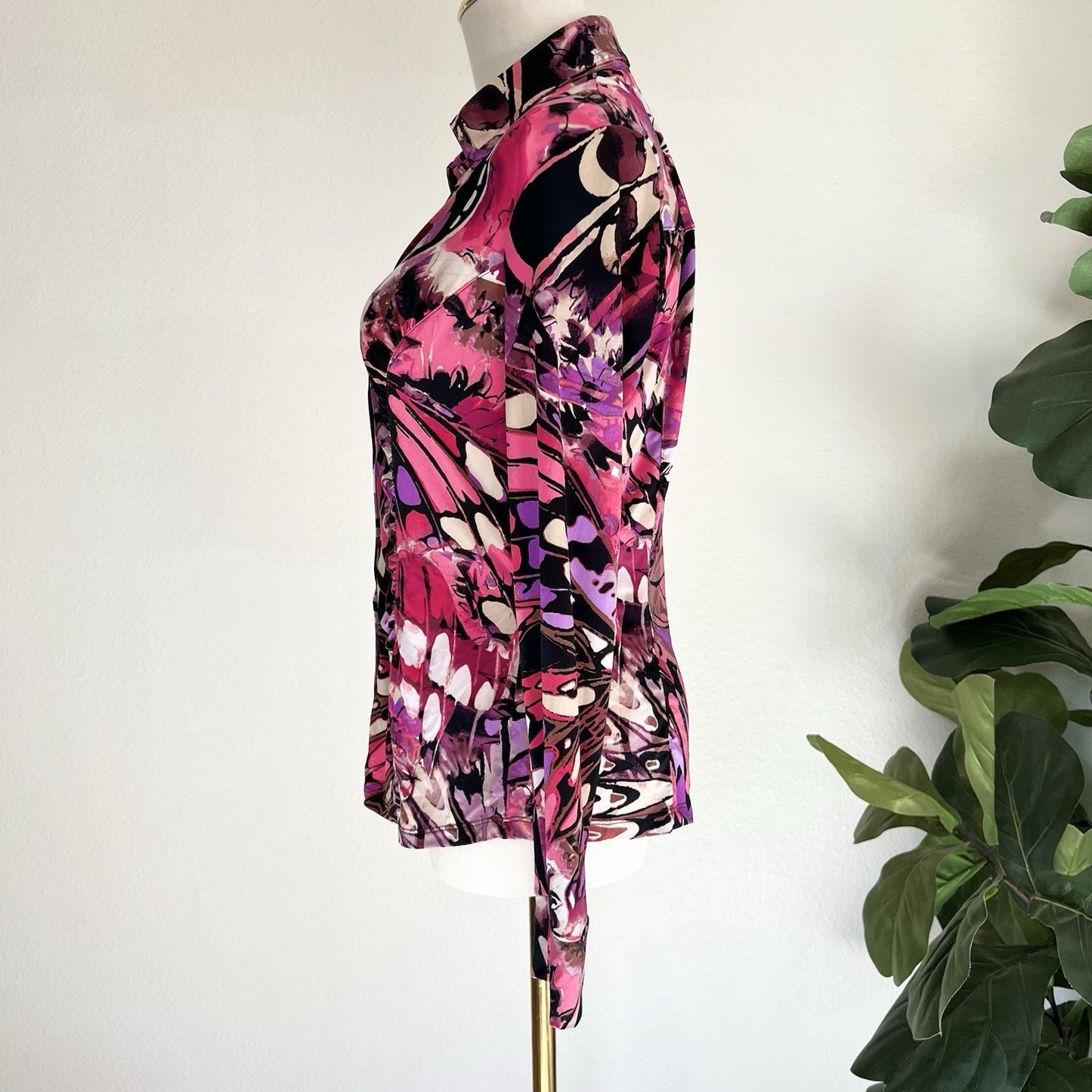CACHÉ Button Up Blouse Y2K Pink Purple Abstract Butterfly Pearl Snap Watercolor