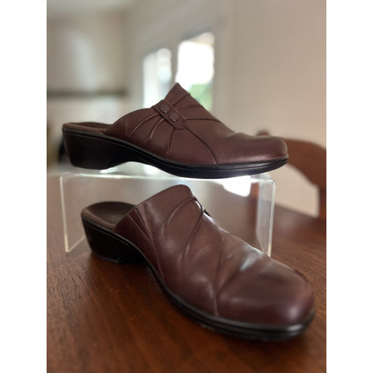 Clarks Bendables Women's 7M Brown Leather Slip-On Mules Clogs Comfort