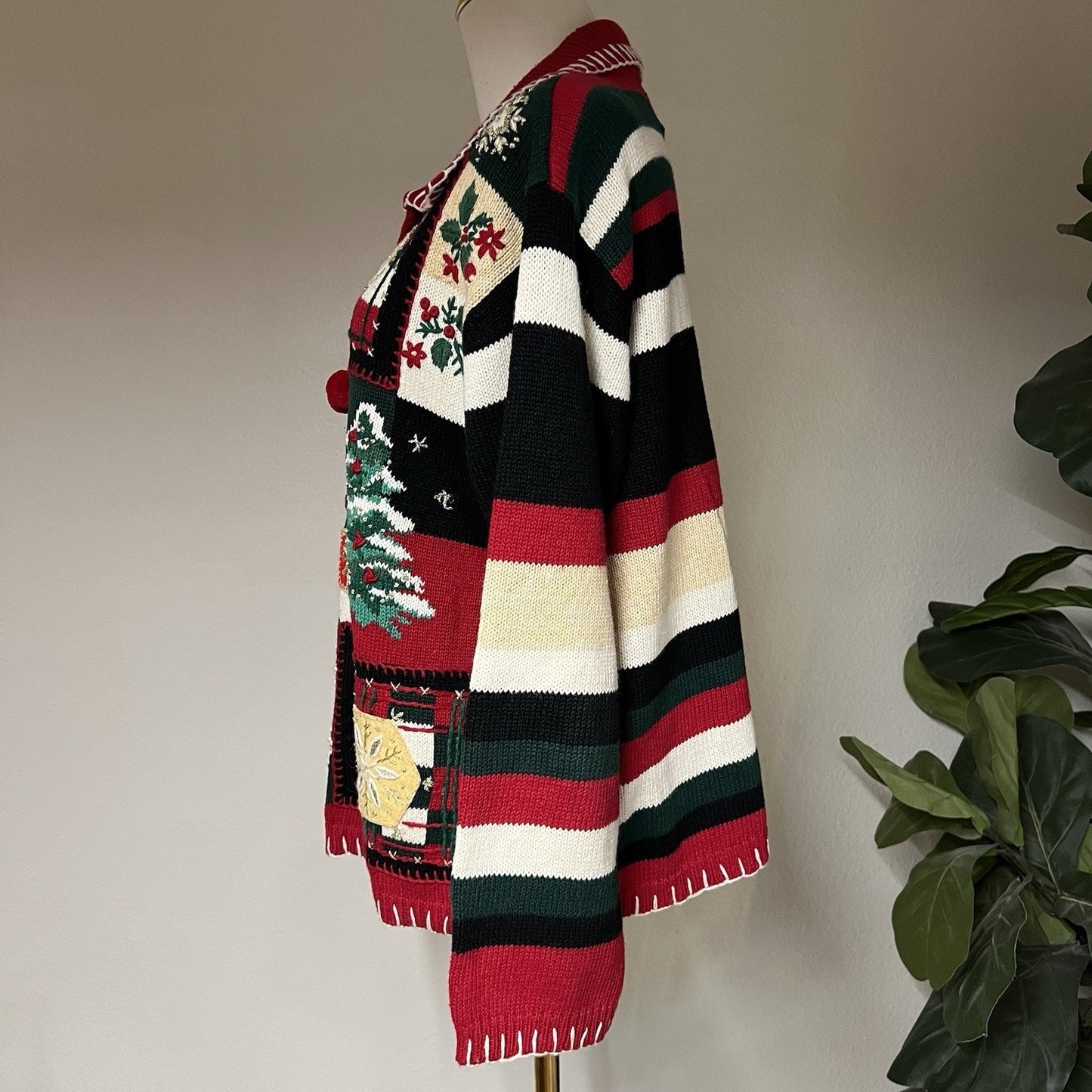 90s Ugly Christmas Sweater (L) Full Zip Knit Embroidered Snowman Tiara Int.