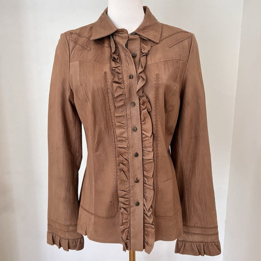 Vintage Cache Lambs Leather Jacket (M) Ruffle Feminine Western Romantic Brown