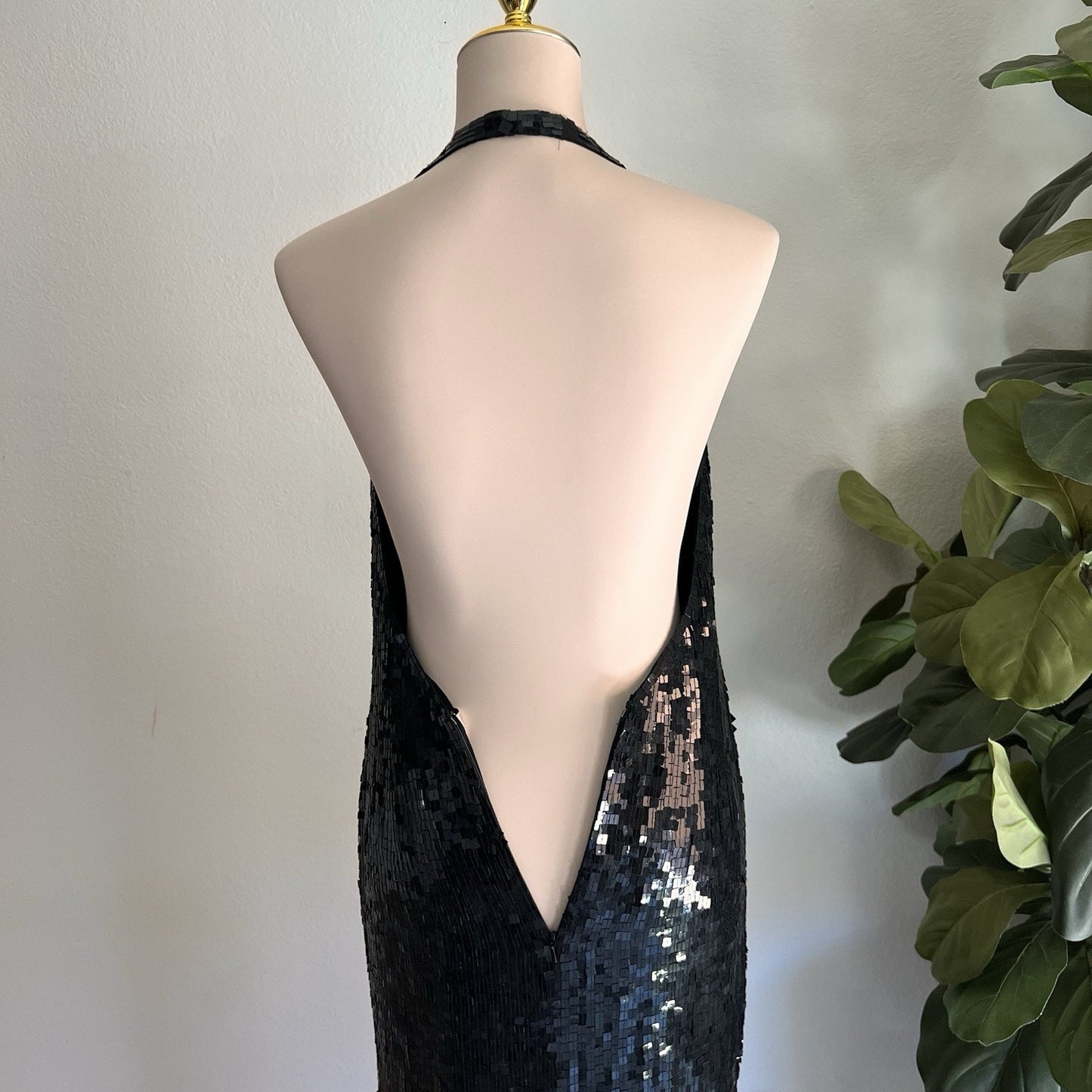 Vintage Basix II Silk Sequin Halter Evening Gown Cocktail Backless Prom Dress