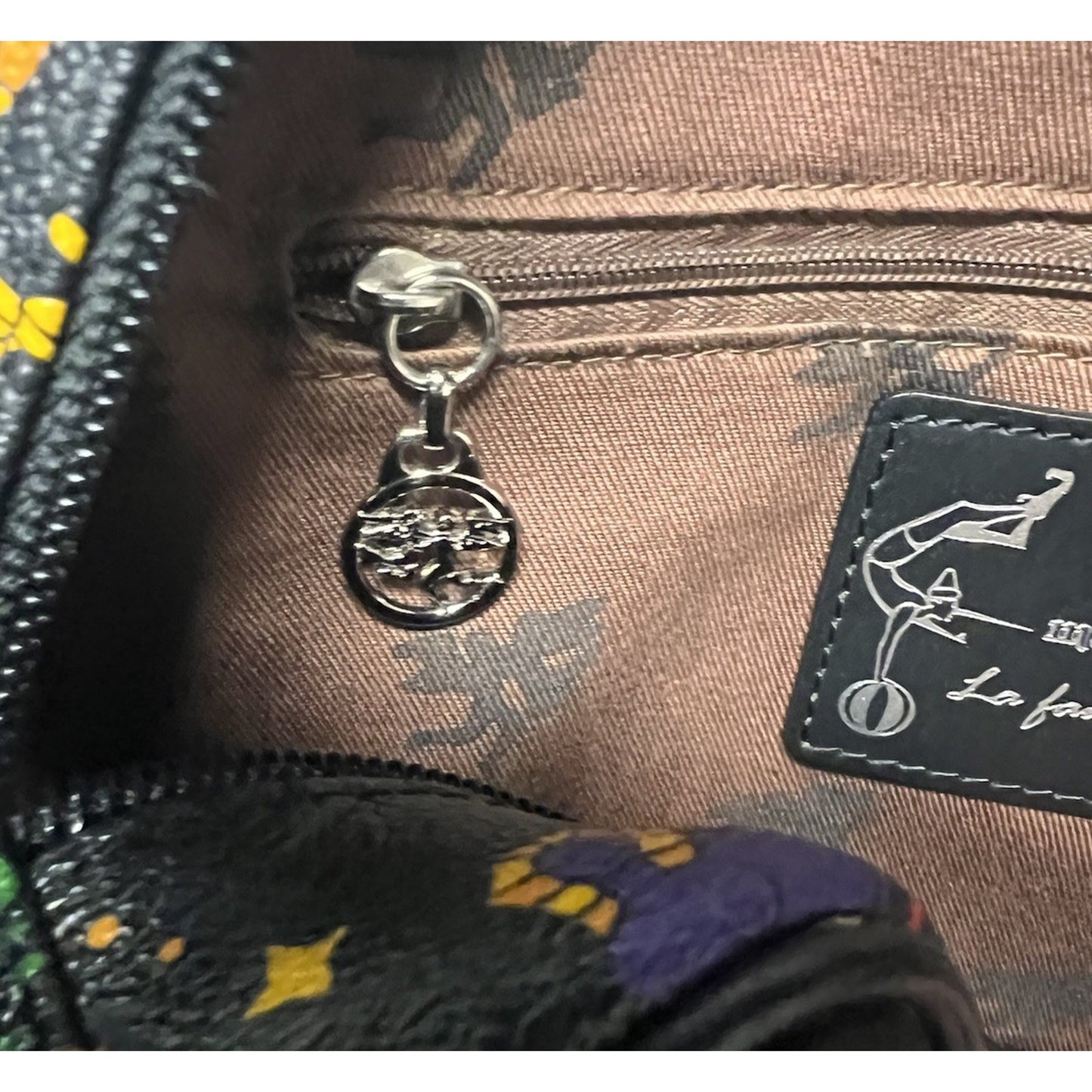 Vintage Black Piero Guidi Unique Magic Circus Pattern Crossbody Bag w/ Key Chain