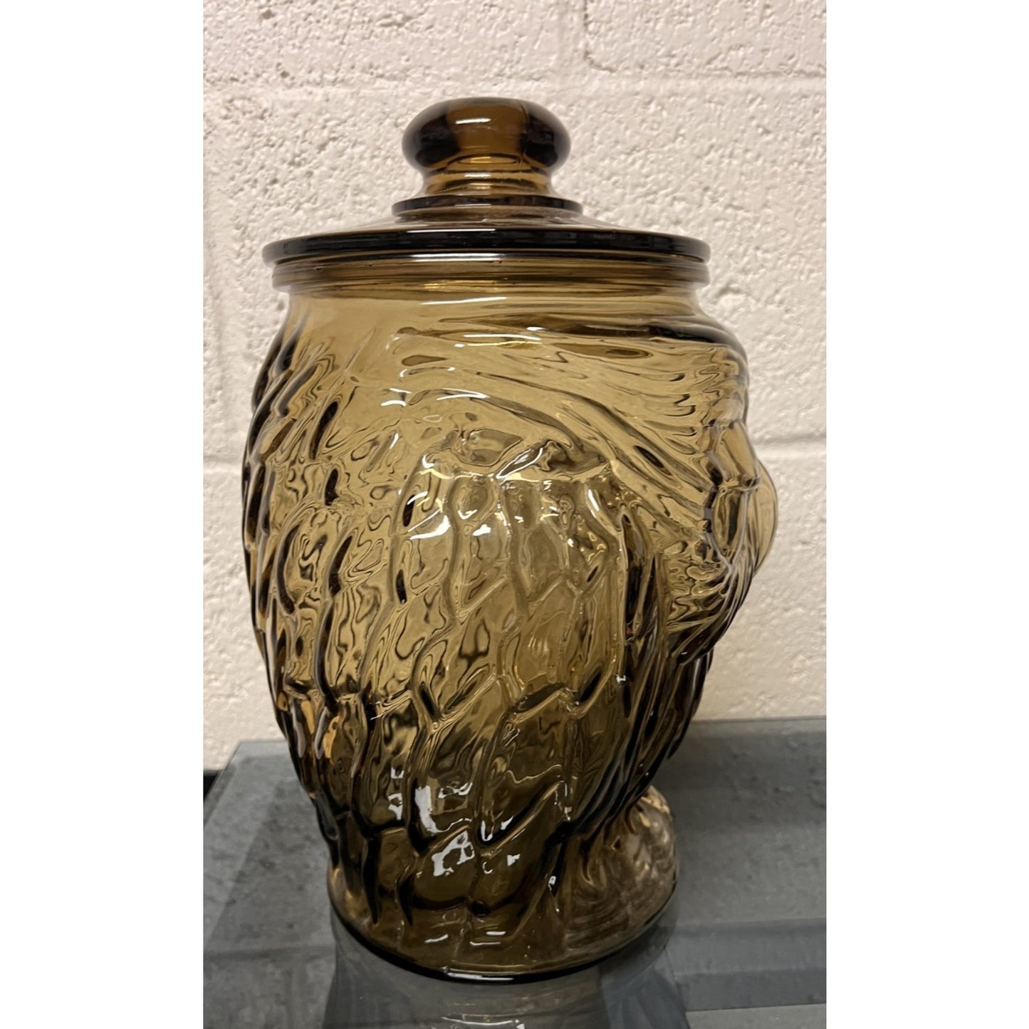 Vintage Amber Glass Owl Cookie Jar with Lid 13" Tall Wise Owl Canister