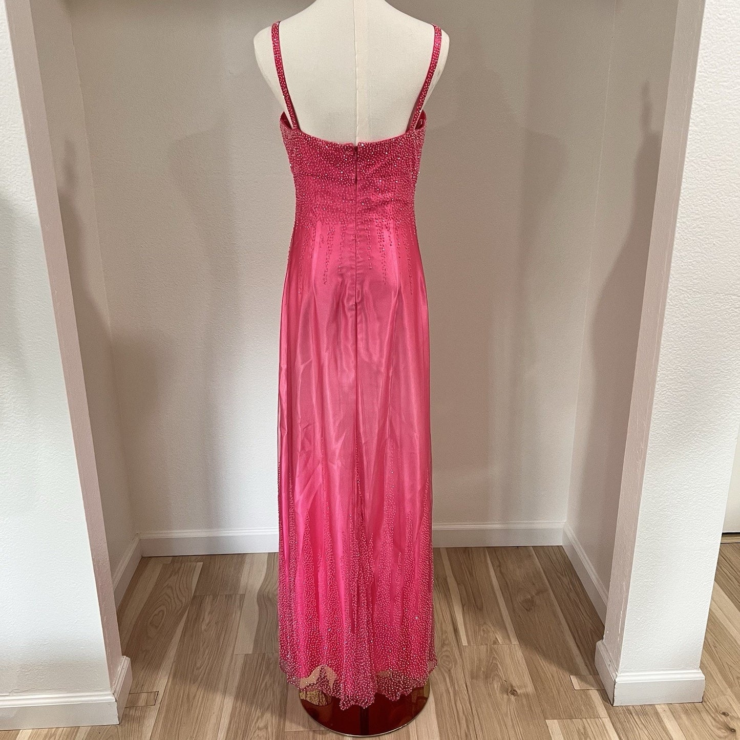 90s Y2k Caché Dress (6) Ethereal Fairy Beaded Hot Pink Barbie Sheer Prom Glam