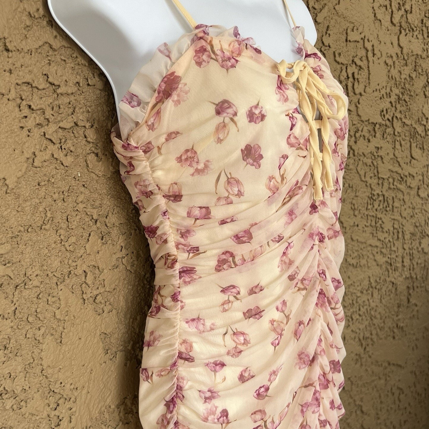 Y2K 90s SBetro Lace Up Sheer Ruched Floral Mesh Dress Mini Bodycon Sz M Girly