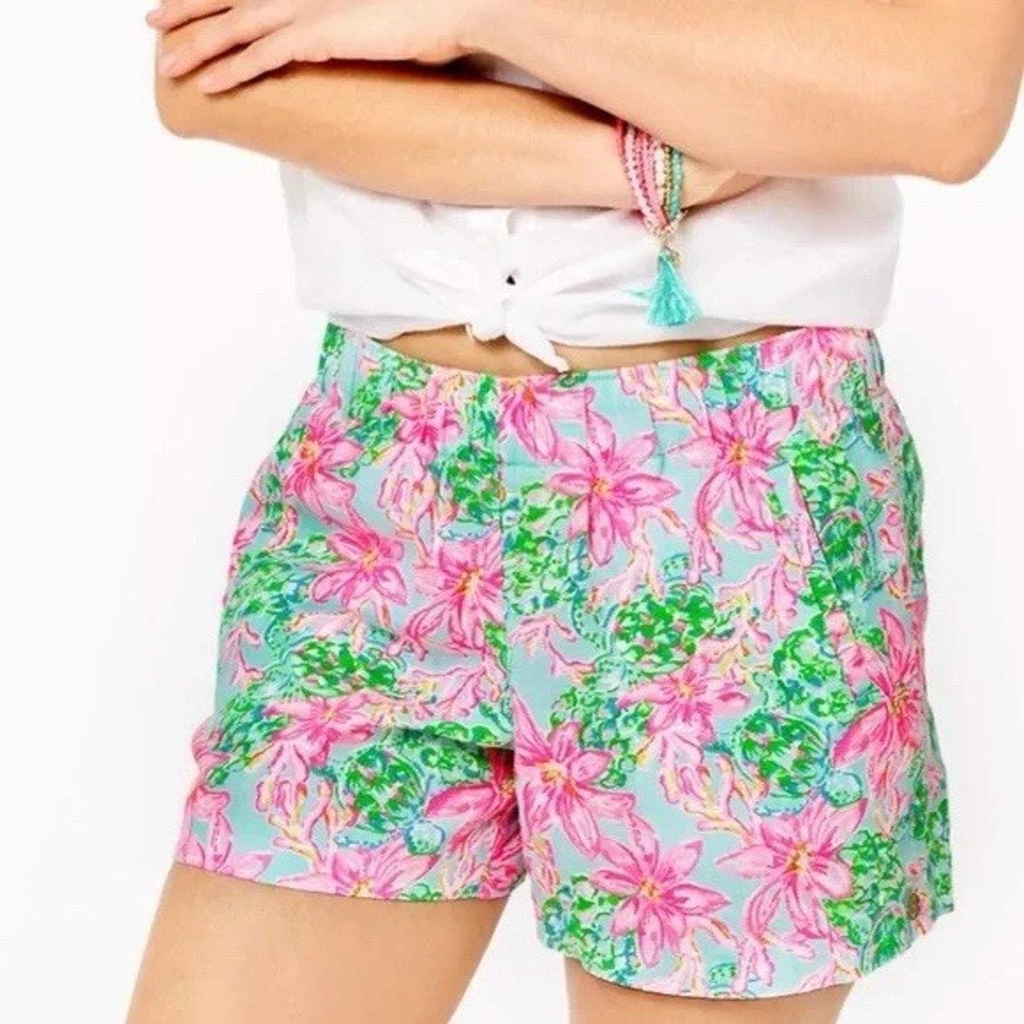 XXS Lilly Pulitzer Lilo Linen Shorts 2XS So Shellegant Floral Pull On 4" Inseam