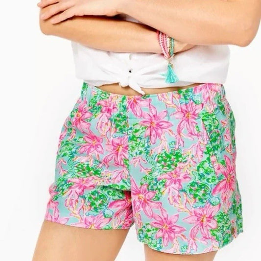 XXS Lilly Pulitzer Lilo Linen Shorts 2XS So Shellegant Floral Pull On 4" Inseam