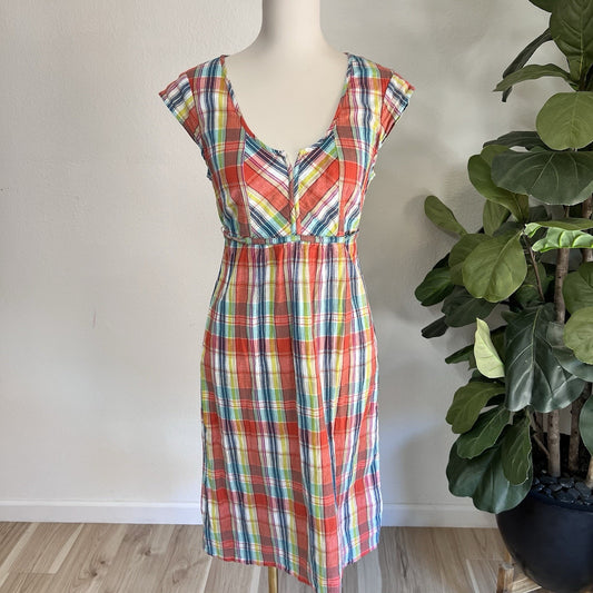 Eddie Bauer (10) Colorful Plaid Lined 100% Cotton Retro Midi Preppy Summer Dress