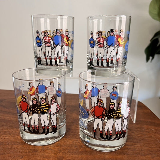 4 x California Cup IX Lowball Whiskey Glasses 1998 Derby Retro Jockey Horse Race