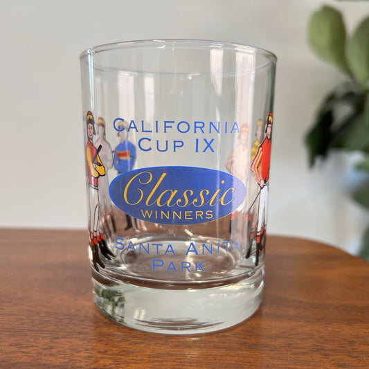4 x California Cup IX Lowball Whiskey Glasses 1998 Derby Retro Jockey Horse Race