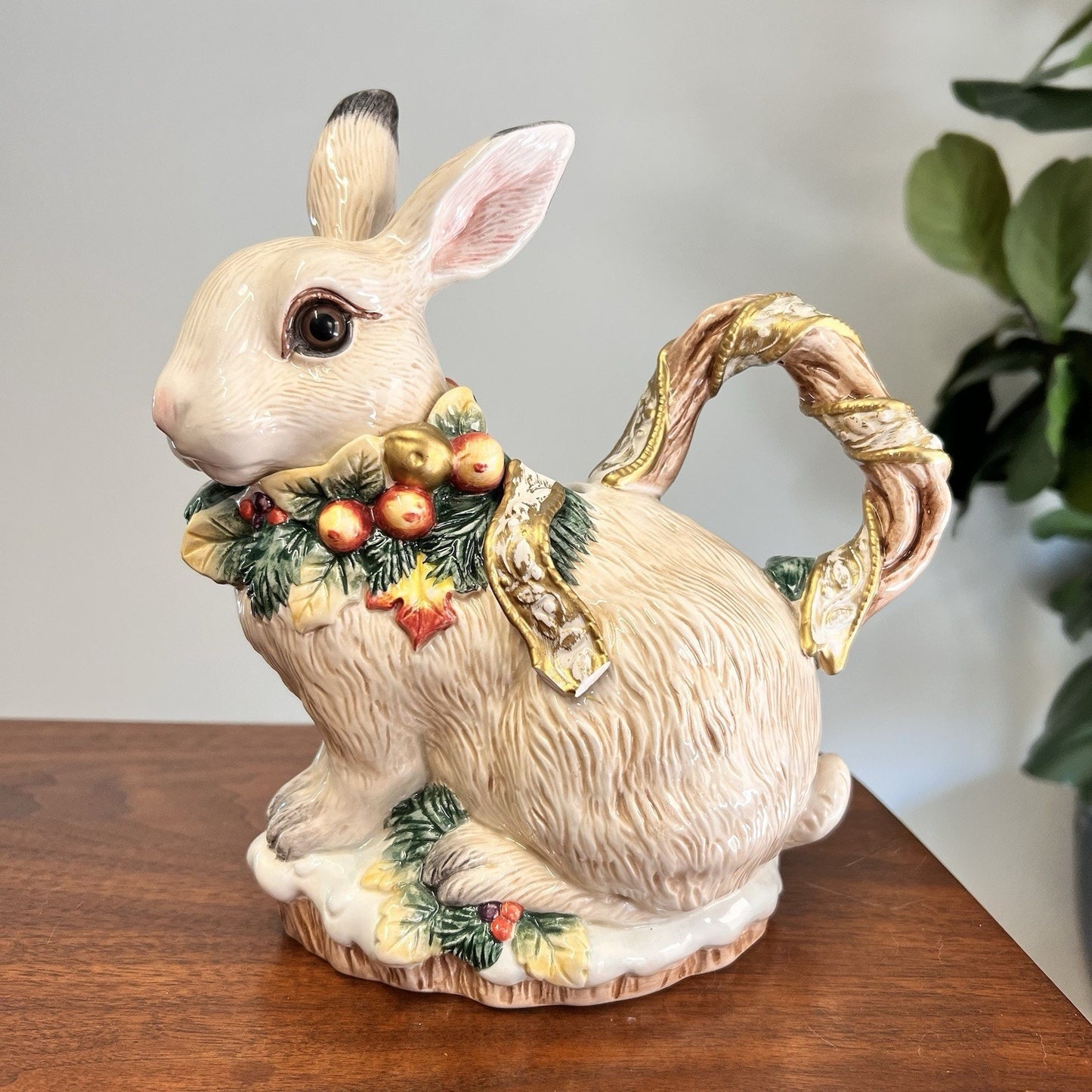 Fitz Floyd Snowy Woods Rabbit Teapot No Lid & Chip Vintage Holiday Christmas