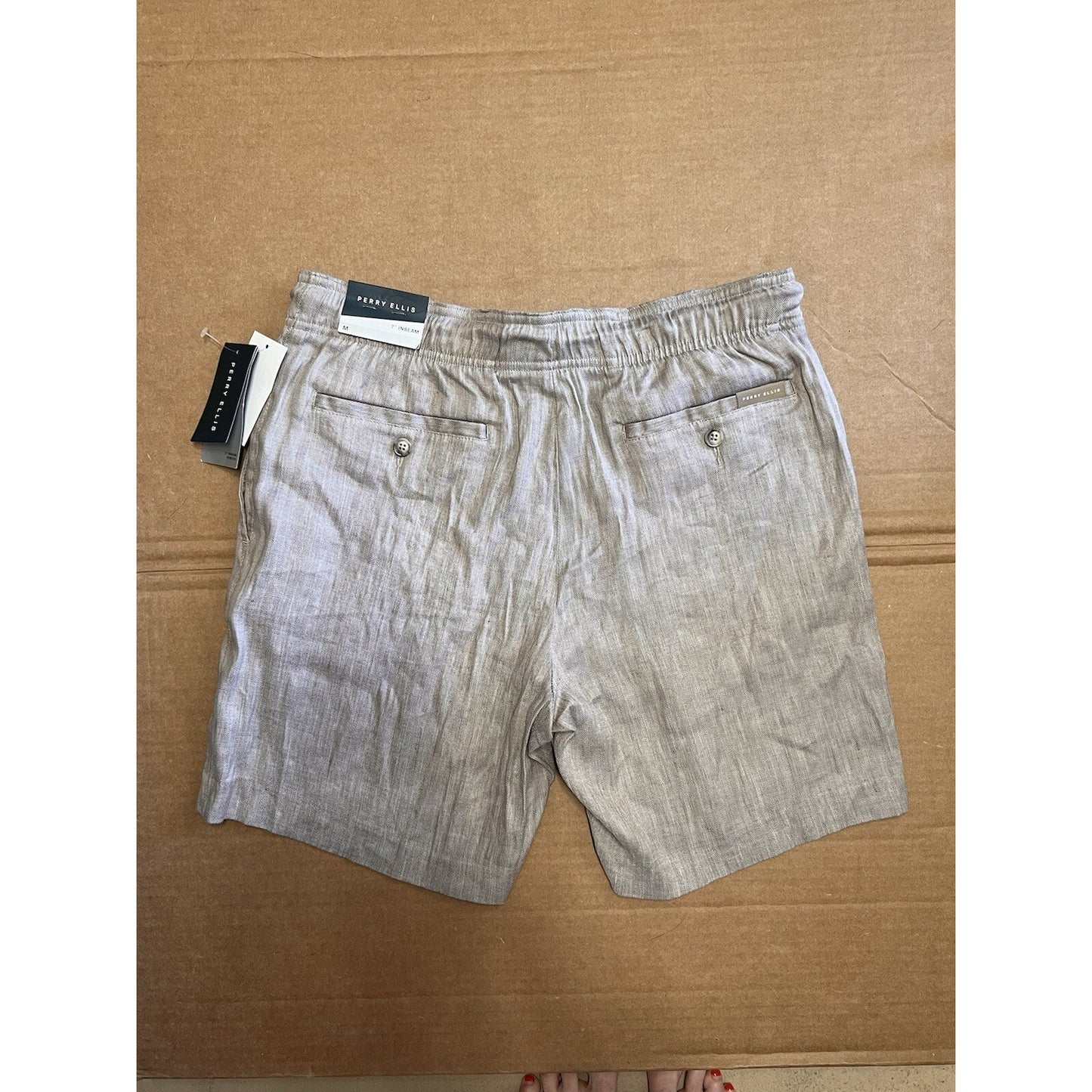 NWT Perry Ellis Women Linen Short 32” Med 7” Inseam High Rise Stretch Tan Preppy