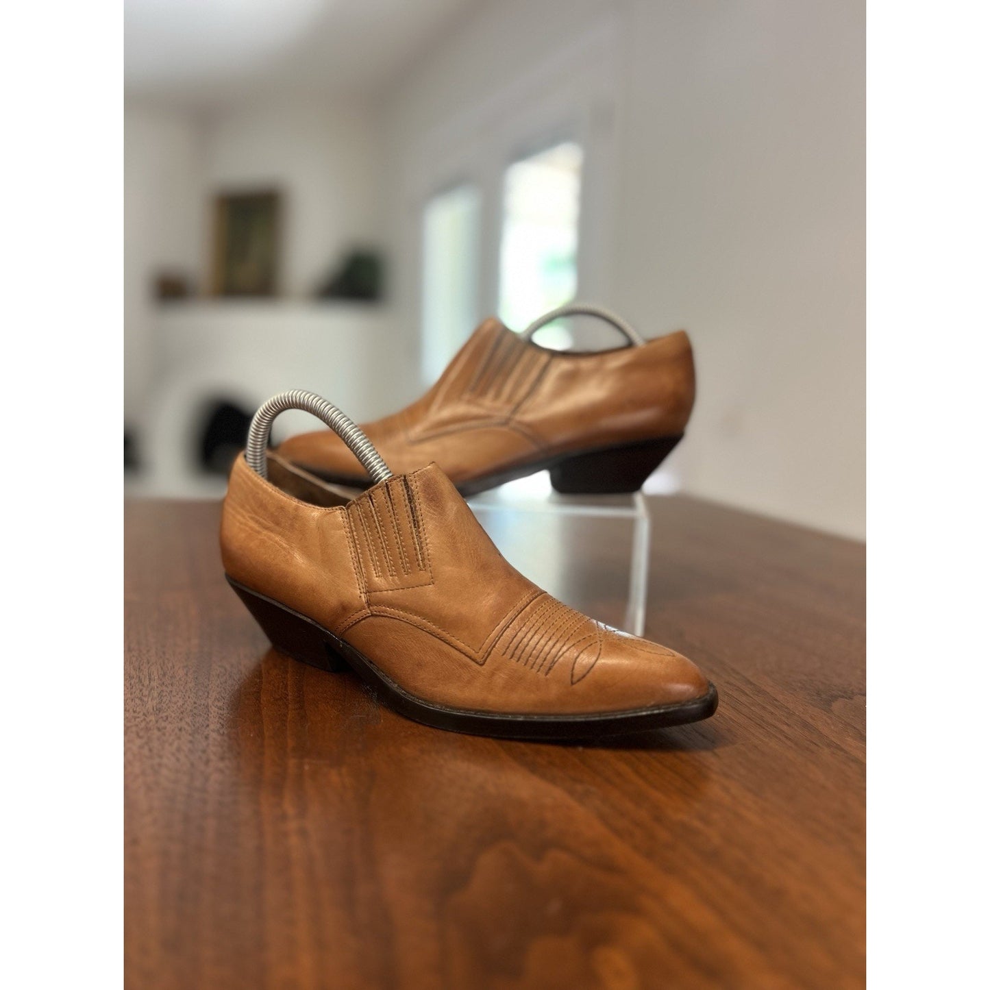 Vintage Circle S Tan Leather Western Ankle Boots Slip On Shooties Women's Sz 6.5