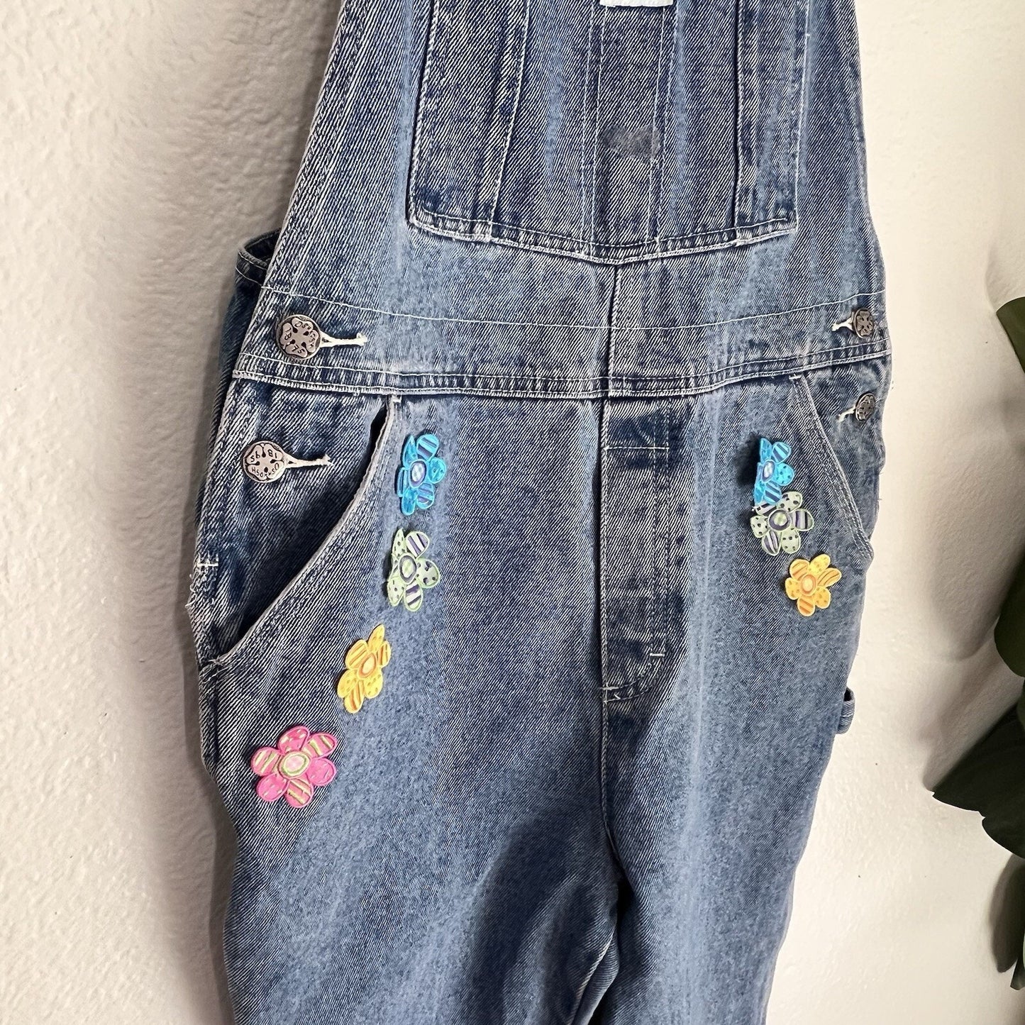 Vintage Oshkosh B'gosh Girls Lg 12/14 Denim Blue Jean Bib Overalls Floral
