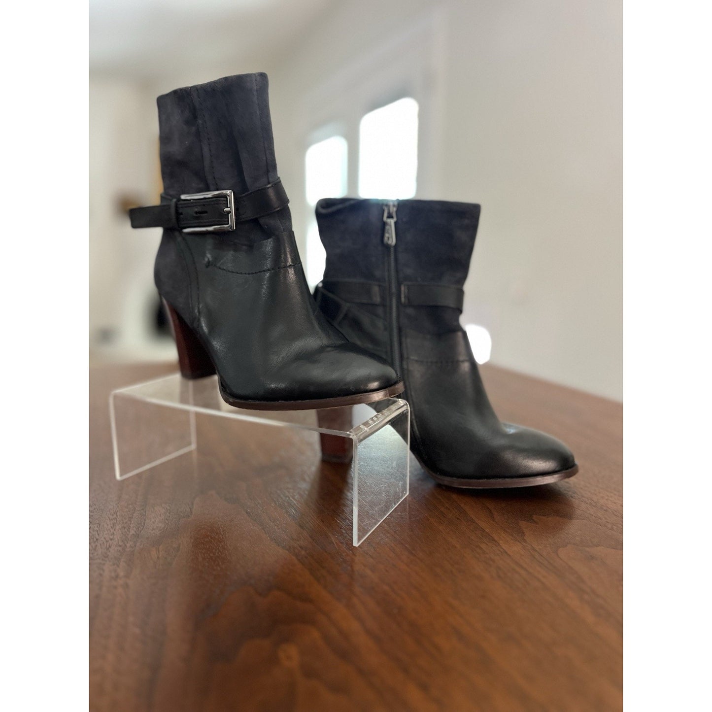 Clarks Kacia Garnet Black Suede and Leather Bootie With Buckle Detail. Size 5M
