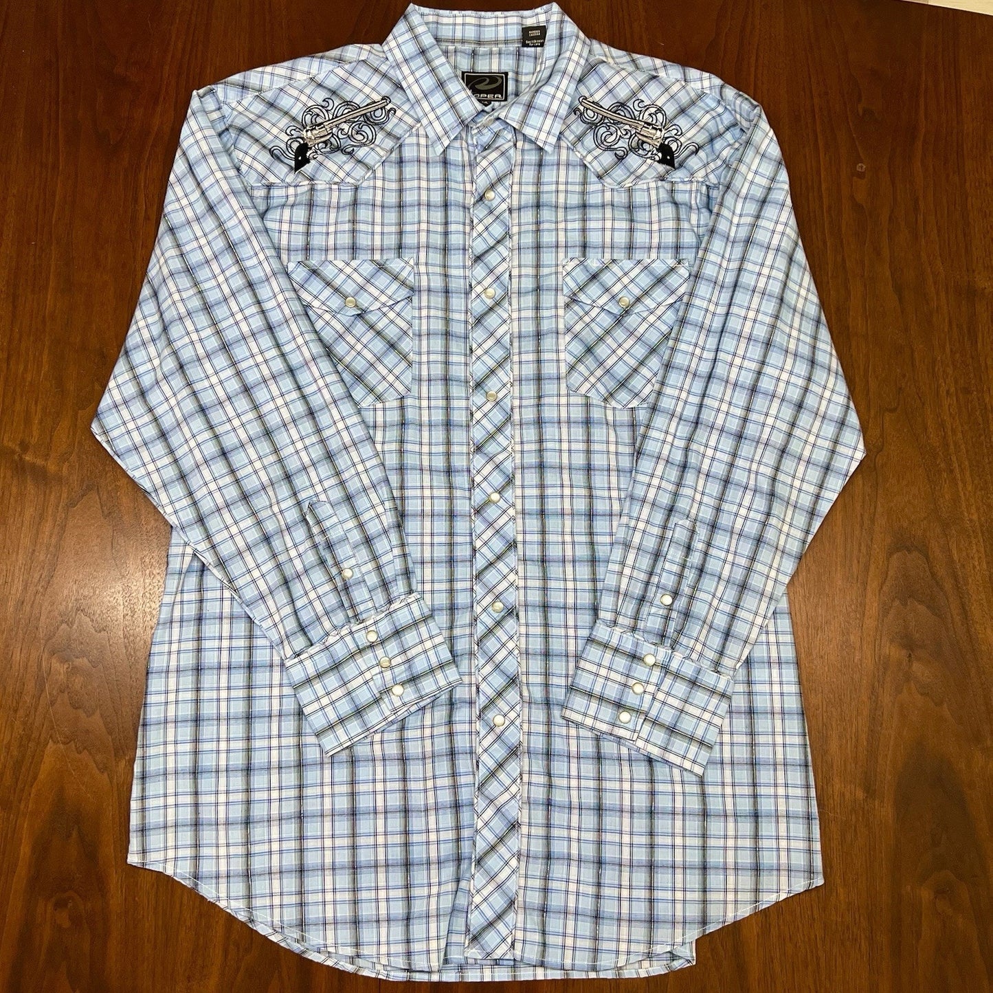 Roper 2XL Long Sleeve Button Up Blue Plaid Pistols Pearl Snap Retro Western