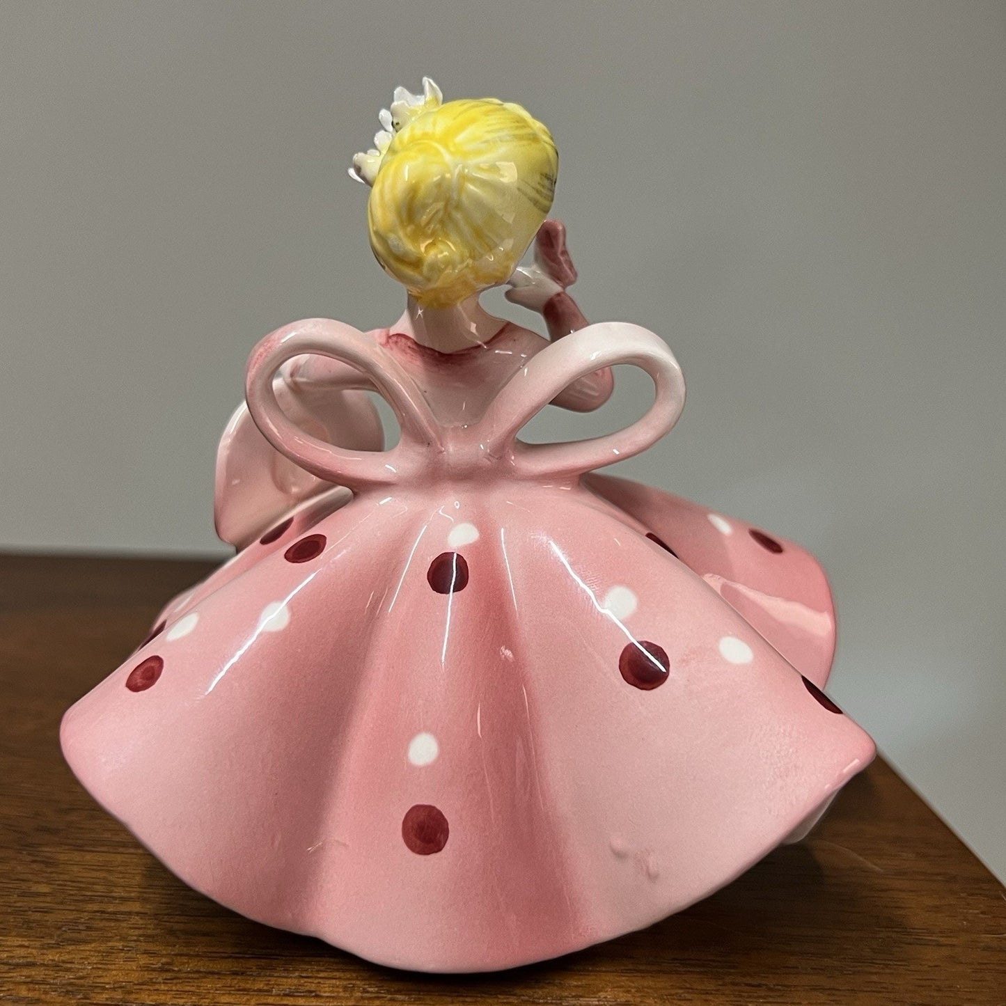 1960s Lefton Springtime Girl Figurine Pink Dress Blonde Big Bow Japan MCM 1450A