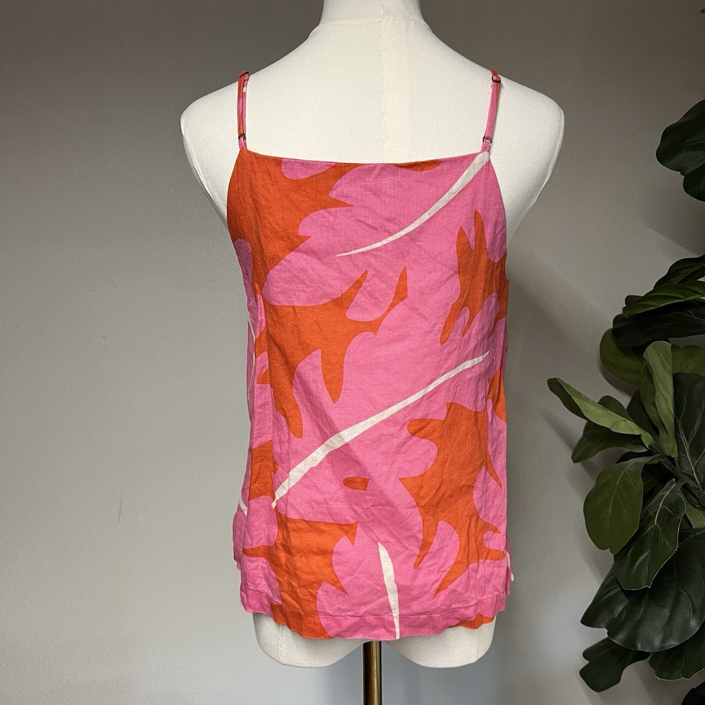 $198 Trovata Birds of Paradis Linen Square Neck Tank (S) Pink Orange Tropical