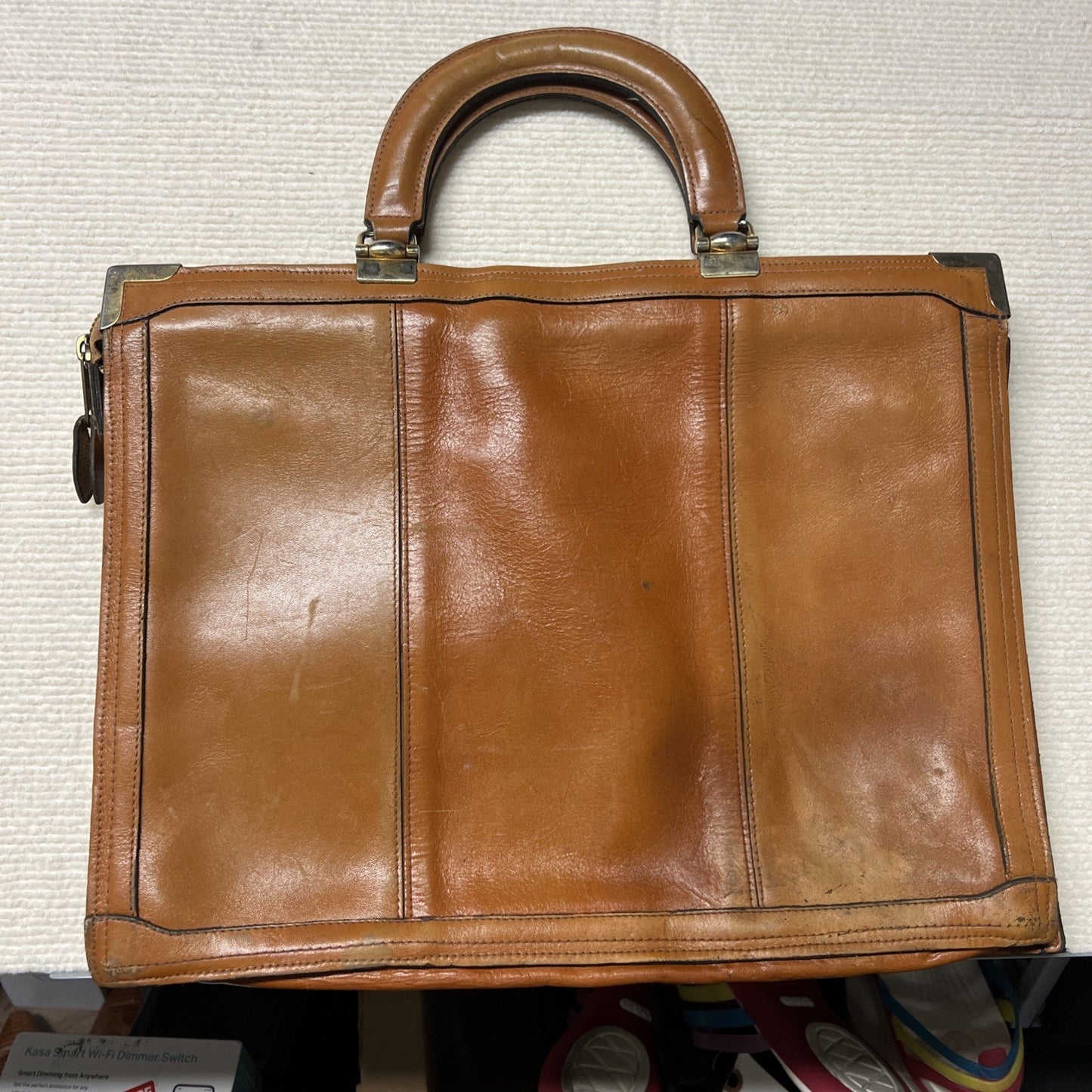 Vtg Slim Leather Soft Sided Attache Briefcase Two Handles 3 Compartments Zippers