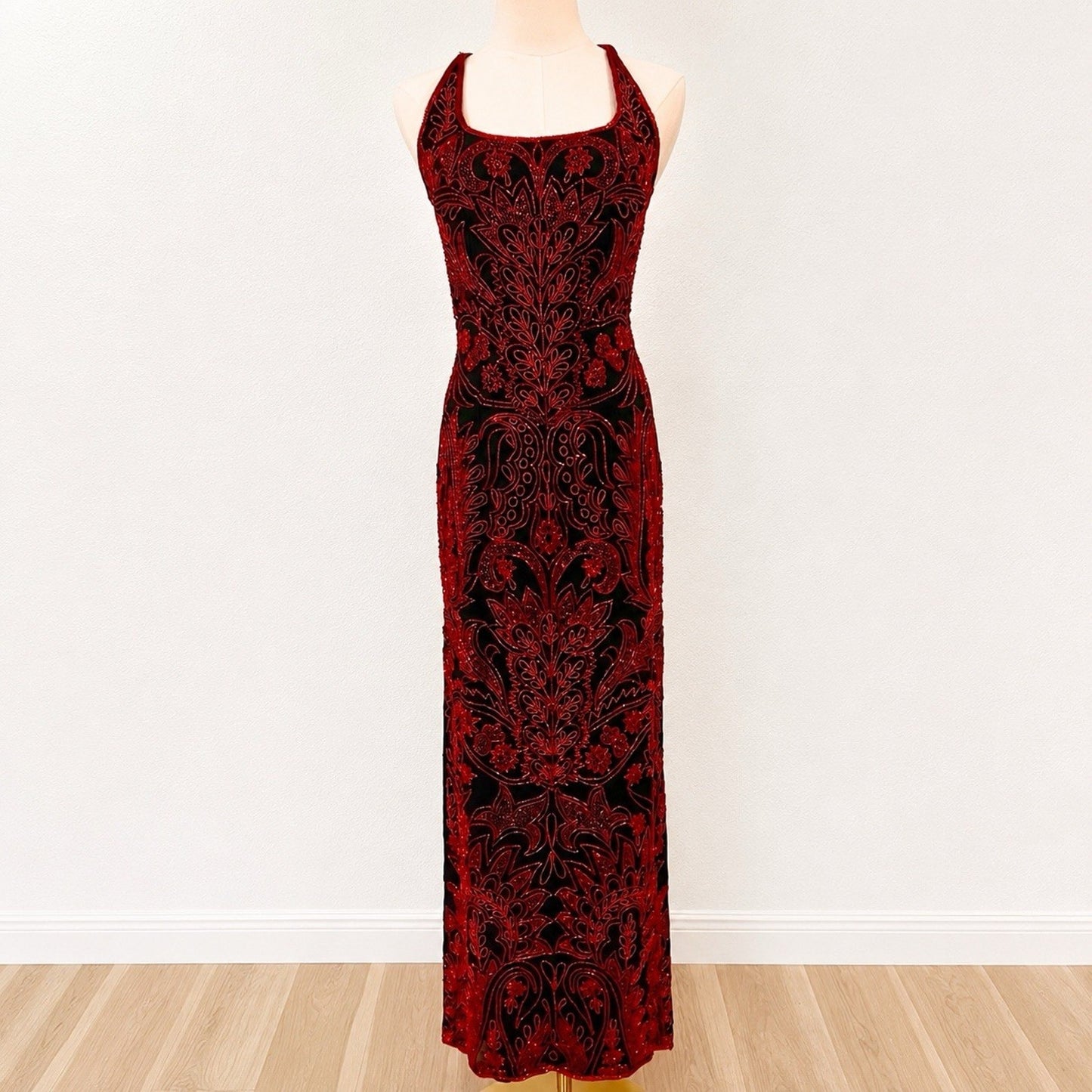 XS Cache Silk Black Red Beaded Dress Vamp Y2K Dramatic Goth Witchy Glam Luxe 90s