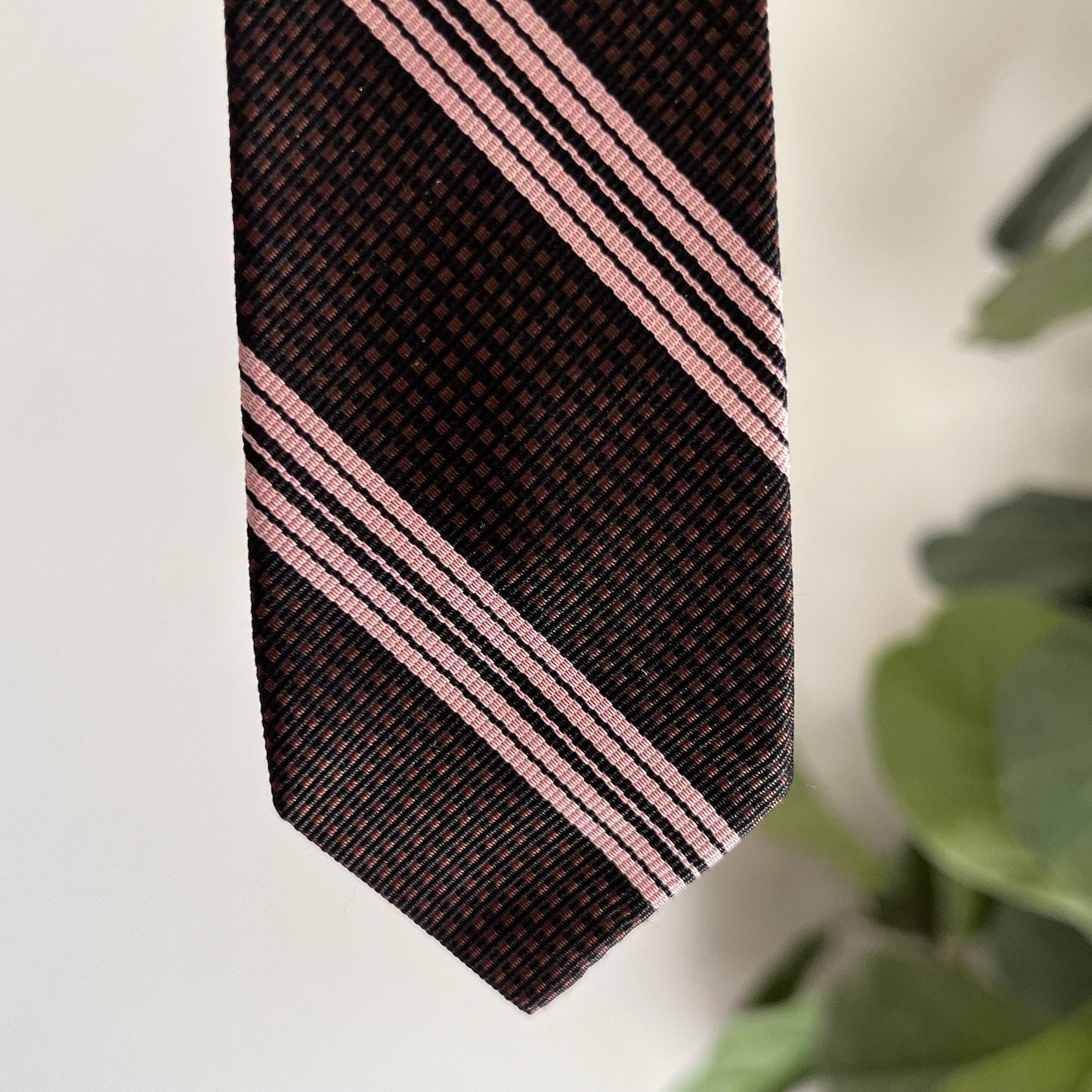 Handmade Skinny Short Necktie Pink Black Stripe Woven Tie 54x2.25”