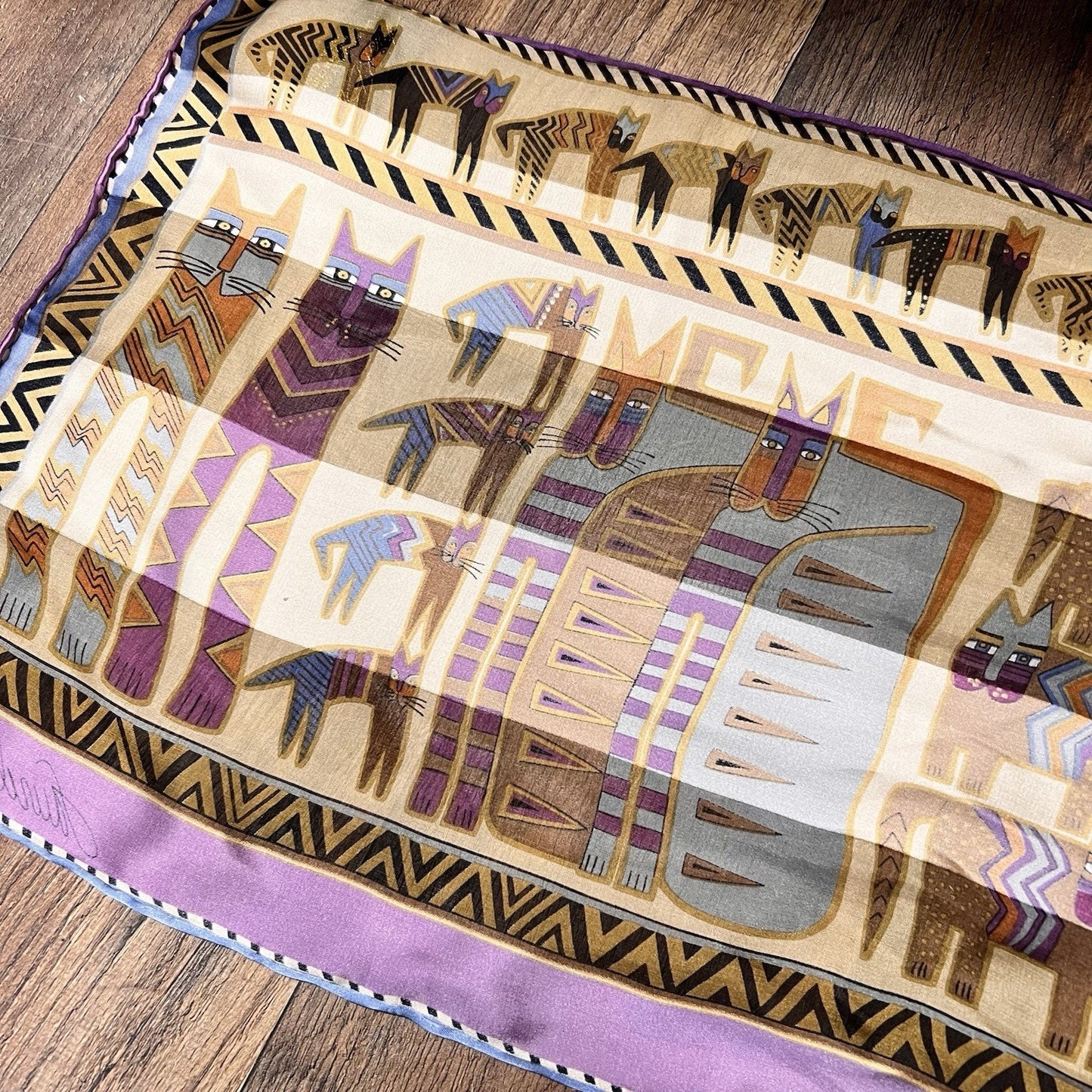 Laurel Burch 100% Silk Scarf Egyptian Cats Honey Collection 10x52 Rare Unique