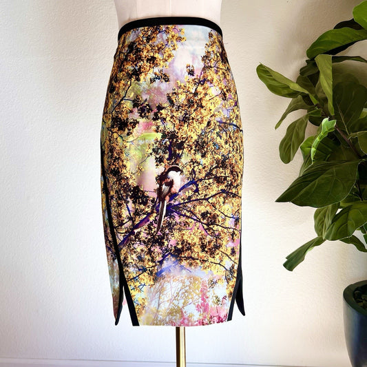 NWOT Ted Baker Pencil Skirt 29” Wearable Art Pretty Trees Bird Designer Asian