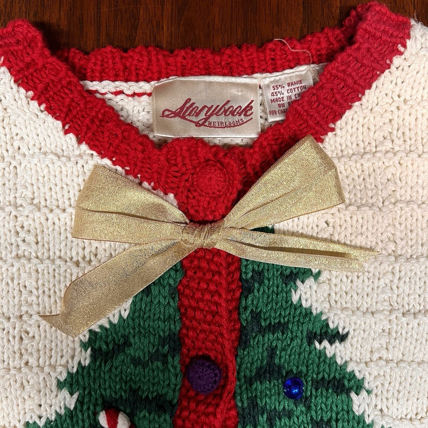 Vintage Storybook Heirlooms Christmas Tree Cardigan (S) Sweater Knit Granny Bows