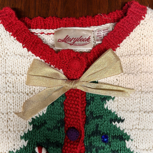 Vintage Storybook Heirlooms Christmas Tree Cardigan (S) Sweater Knit Granny Bows
