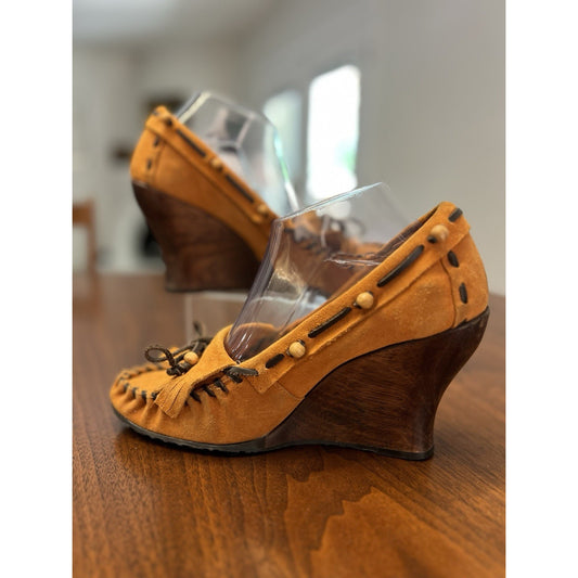 SAM EDELMAN ANGELINA WEDGE HEELS MOCCASIN SHOES TASSEL BEADED BOW WOMENS 9.5