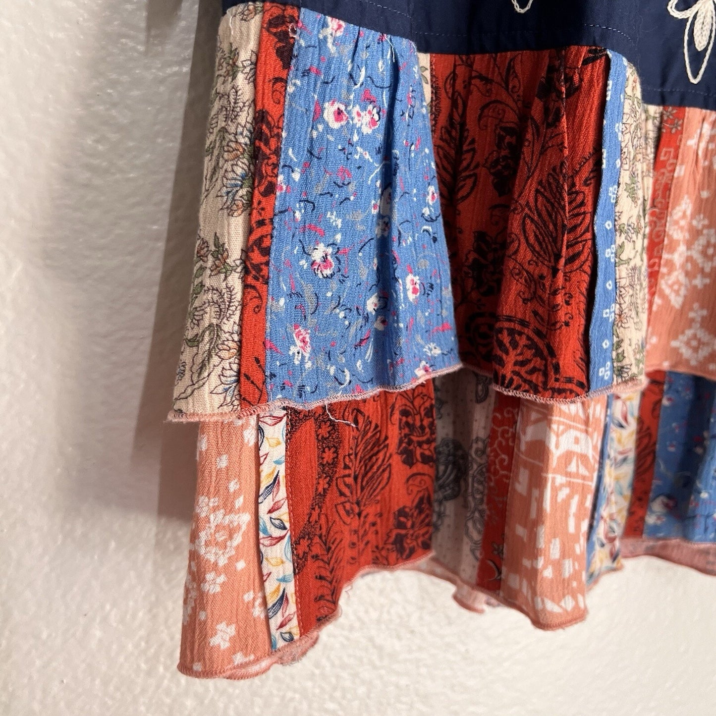 John Mark Top Tunic Shirt (S) Ruffle Boho Peasant Patchwork Eyelet Mixed Media