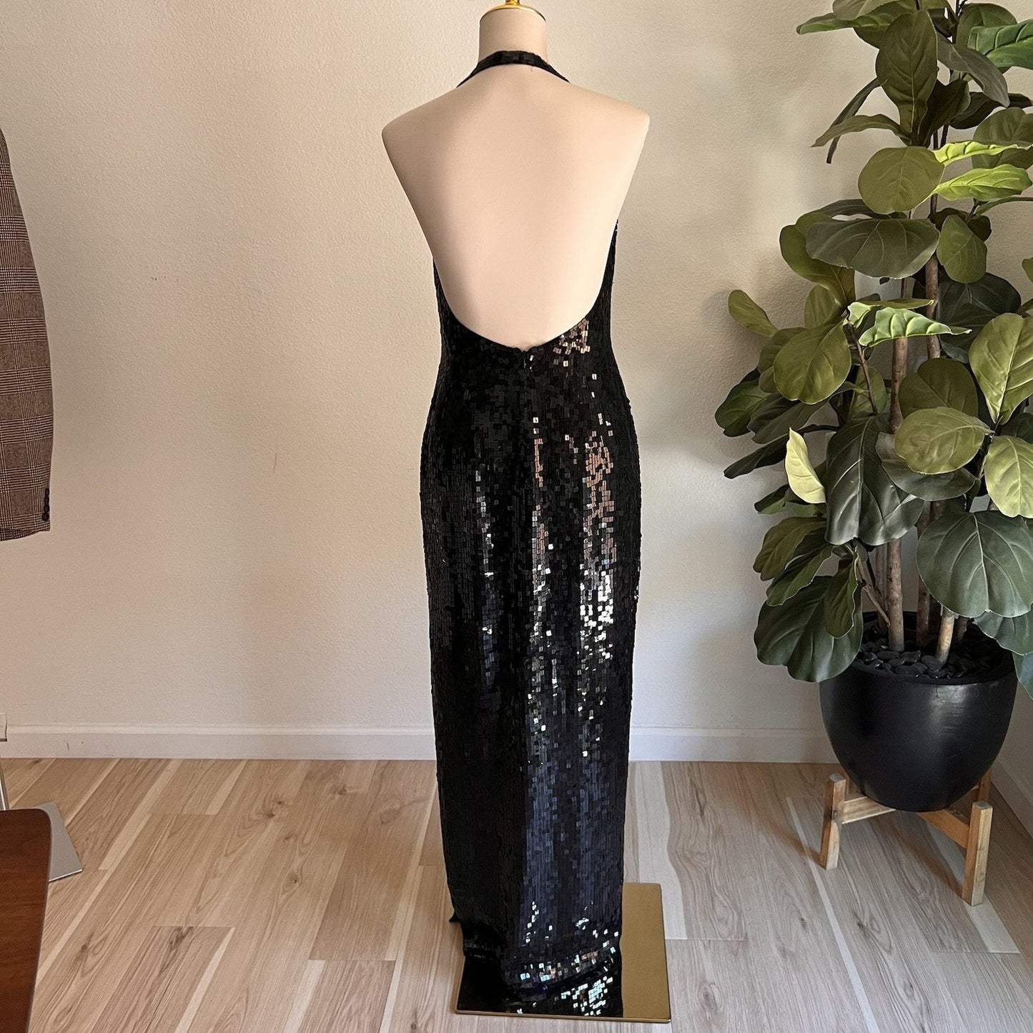 Vintage Basix II Silk Sequin Halter Evening Gown Cocktail Backless Prom Dress
