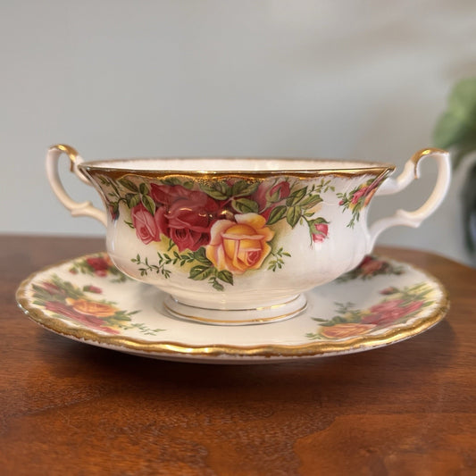 Royal Albert Old Country Roses Footed Cream Soup Bowl Saucer Set Bone China