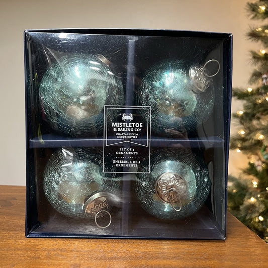Set of 4 Mistletoe & Sailing Christmas Ornaments Coastal 4” Beach Crackle Glass