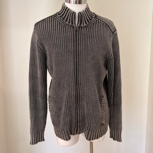 J Peterman (L) Full Zip Gray Rib Sweater Cardigan Grandpa Fisherman 100% Cotton