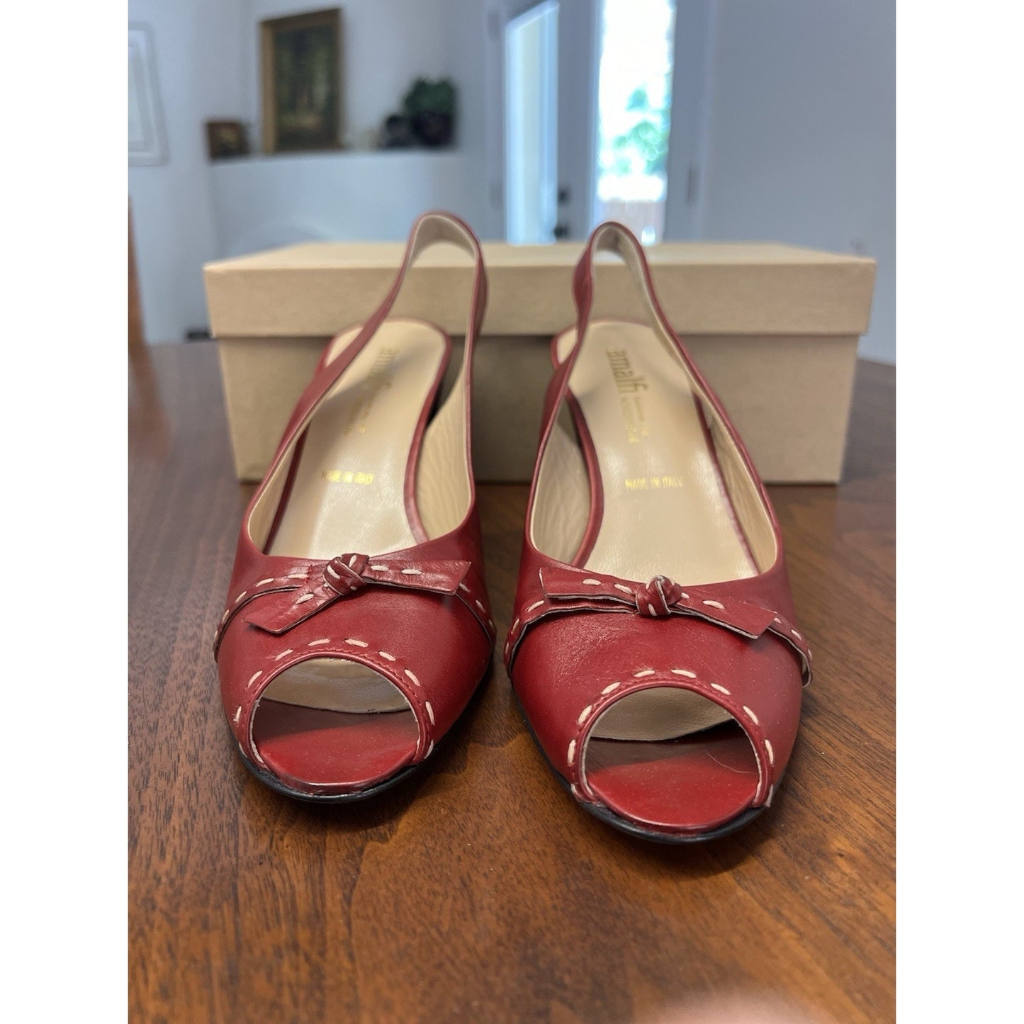 Amalfi Gabby Wine Leather Pump Open Toe Sling Back Bow Women’s Size 7