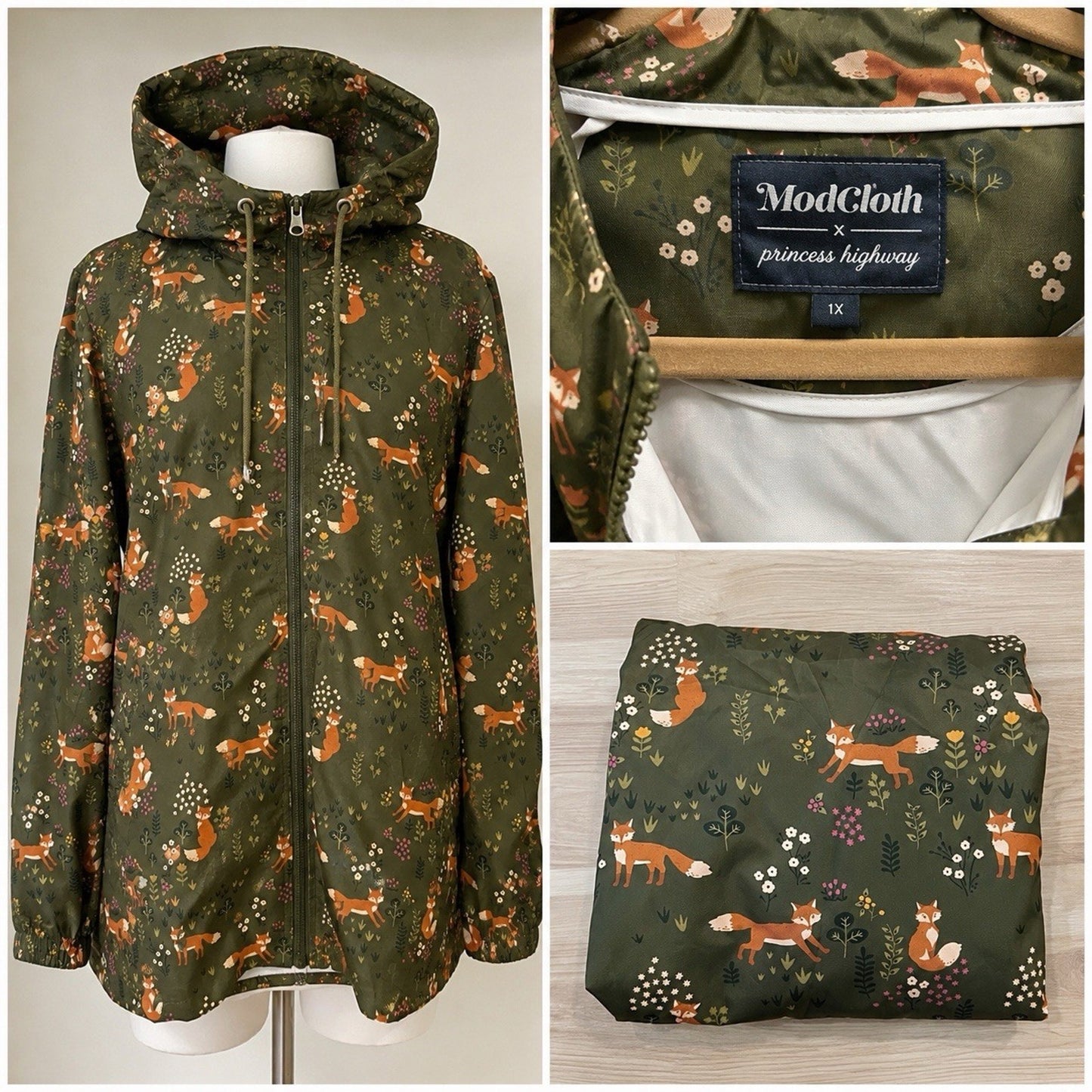 ModCloth Princess Rain Jacket Windbreaker 1X Fox Whimsy Retro Woodland Dopamine