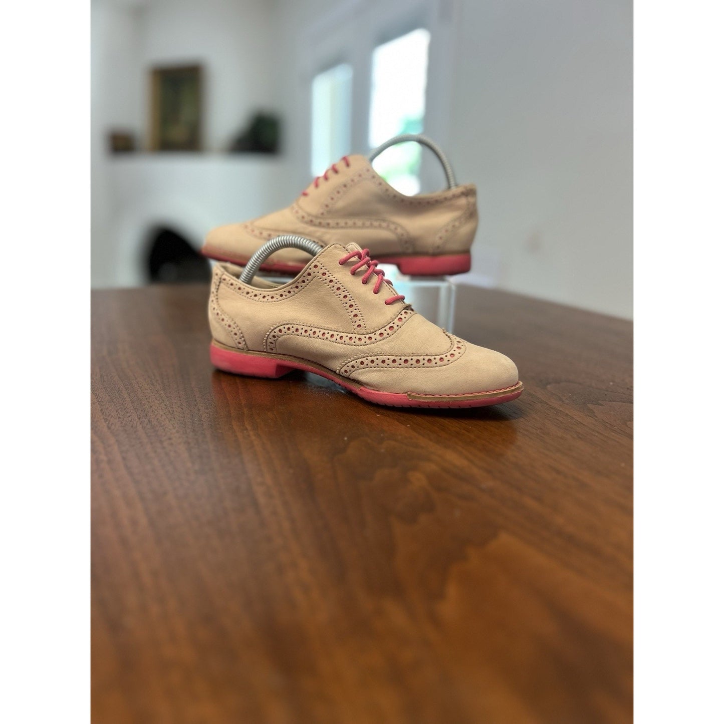 Cole Haan Women Gramercy Leather Wingtip Brogue Oxford Shoes Beige Pink Size 6.5