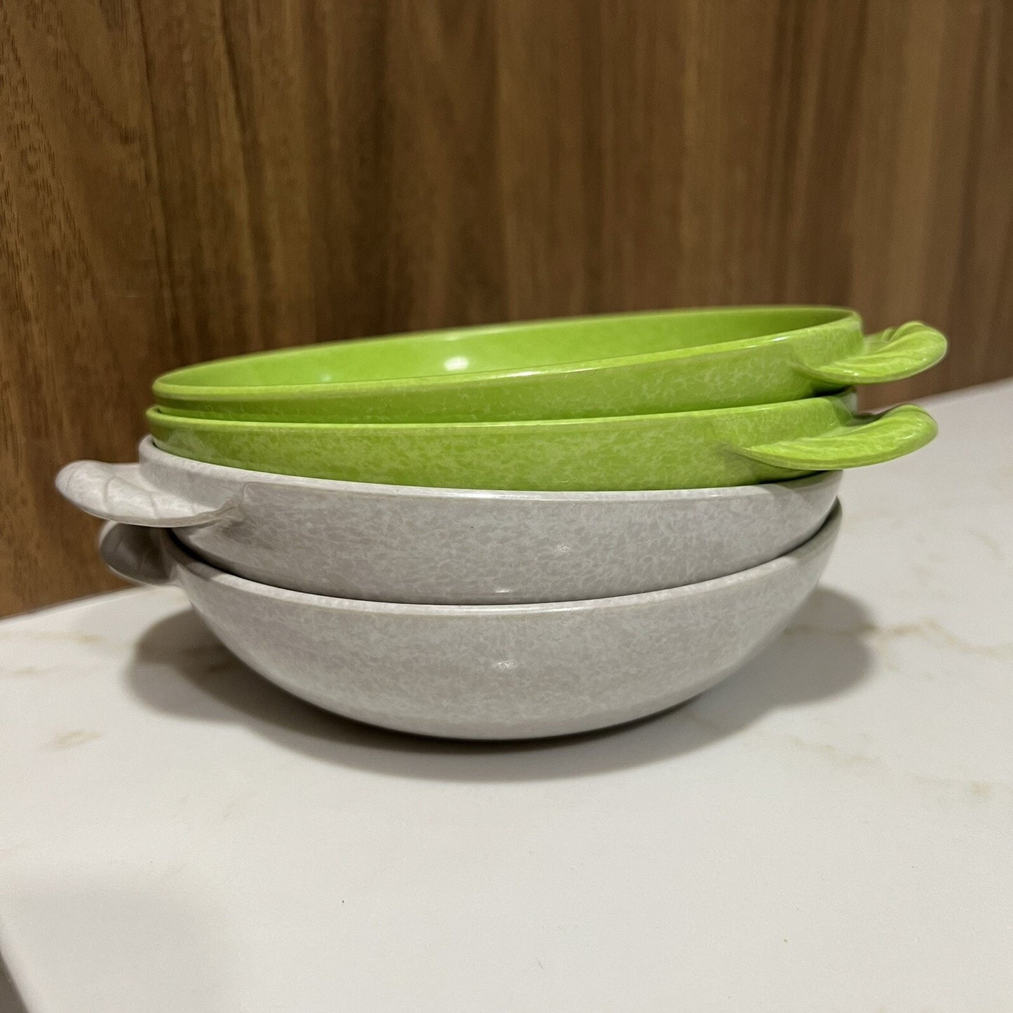 Branchell Melmac Lugged Soup Bowls Color-Flyte Royale Spray Lime & Mist Grey
