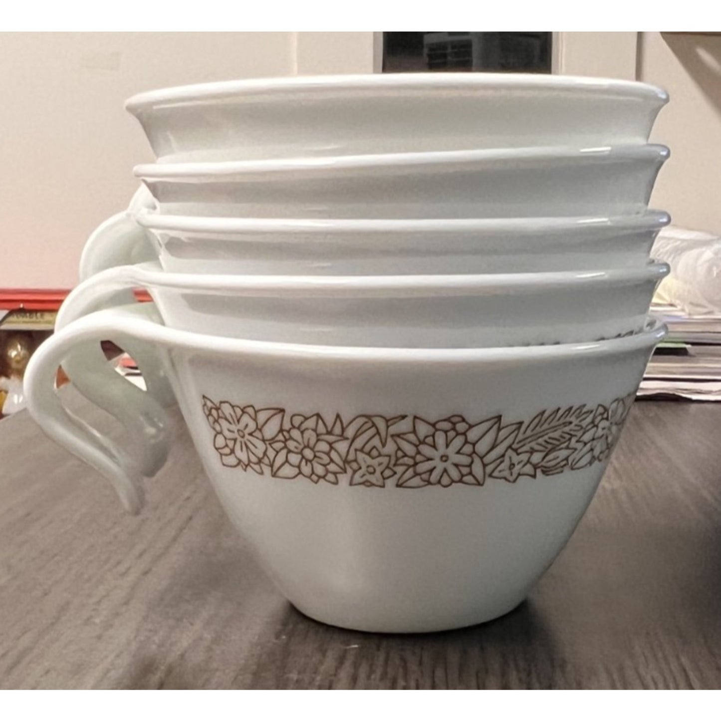Set of 5 Vtg Corelle Woodland Brown Pattern Hook Handle Coffee/Tea Cups