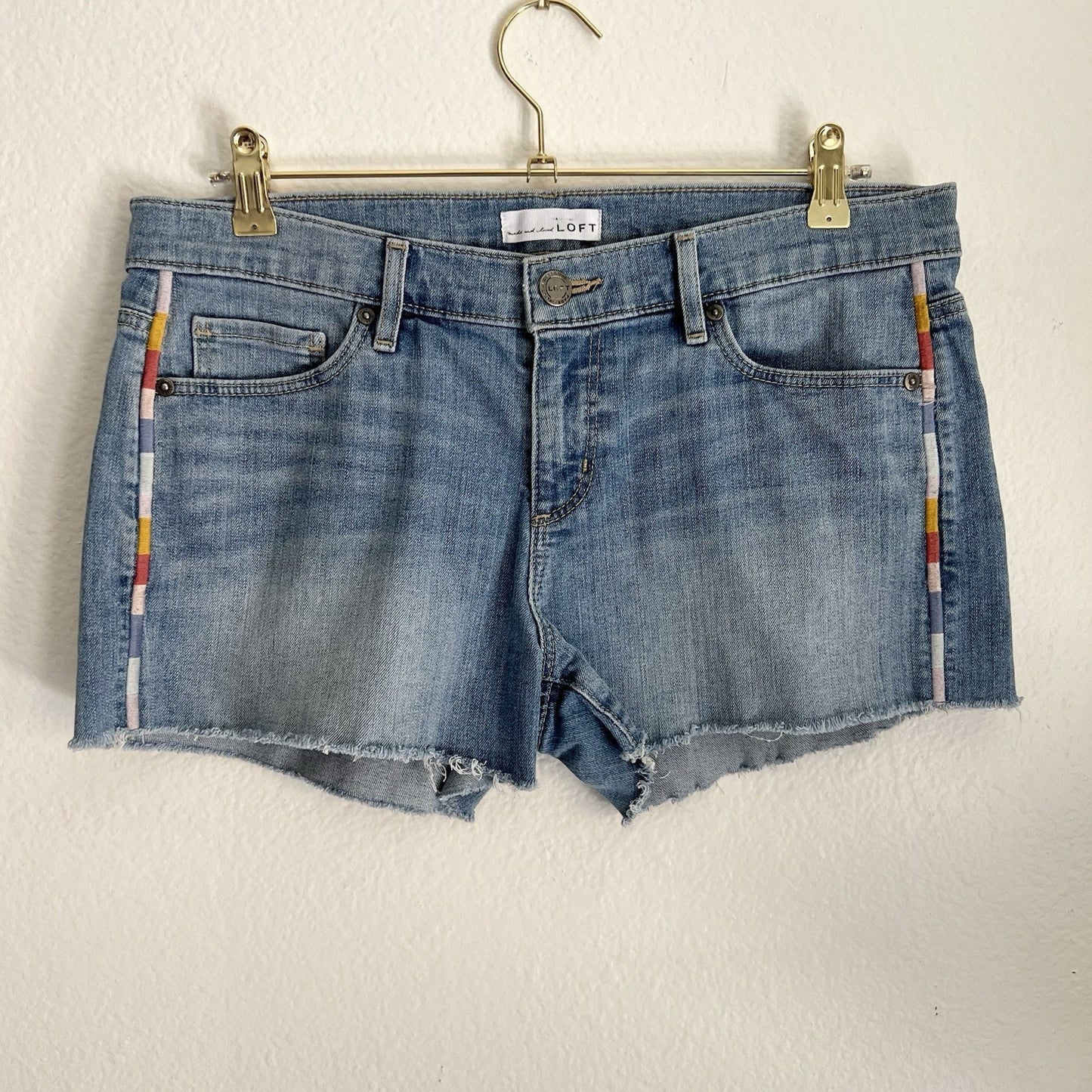 Ann Taylor Made And Loved LOFT 9/28 Denim Cutoff Jean Shorts Embroidered Raw Hem