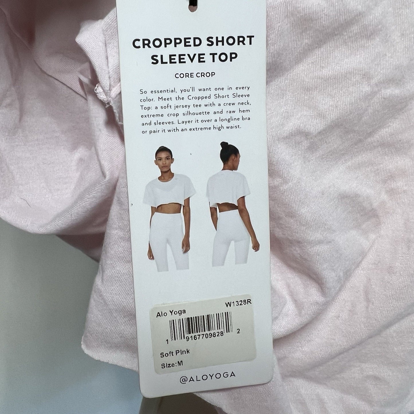 NWT Alo Yoga (M) Cropped Short Sleeve Top Core Crop Crew Neck Jersey Soft Pink