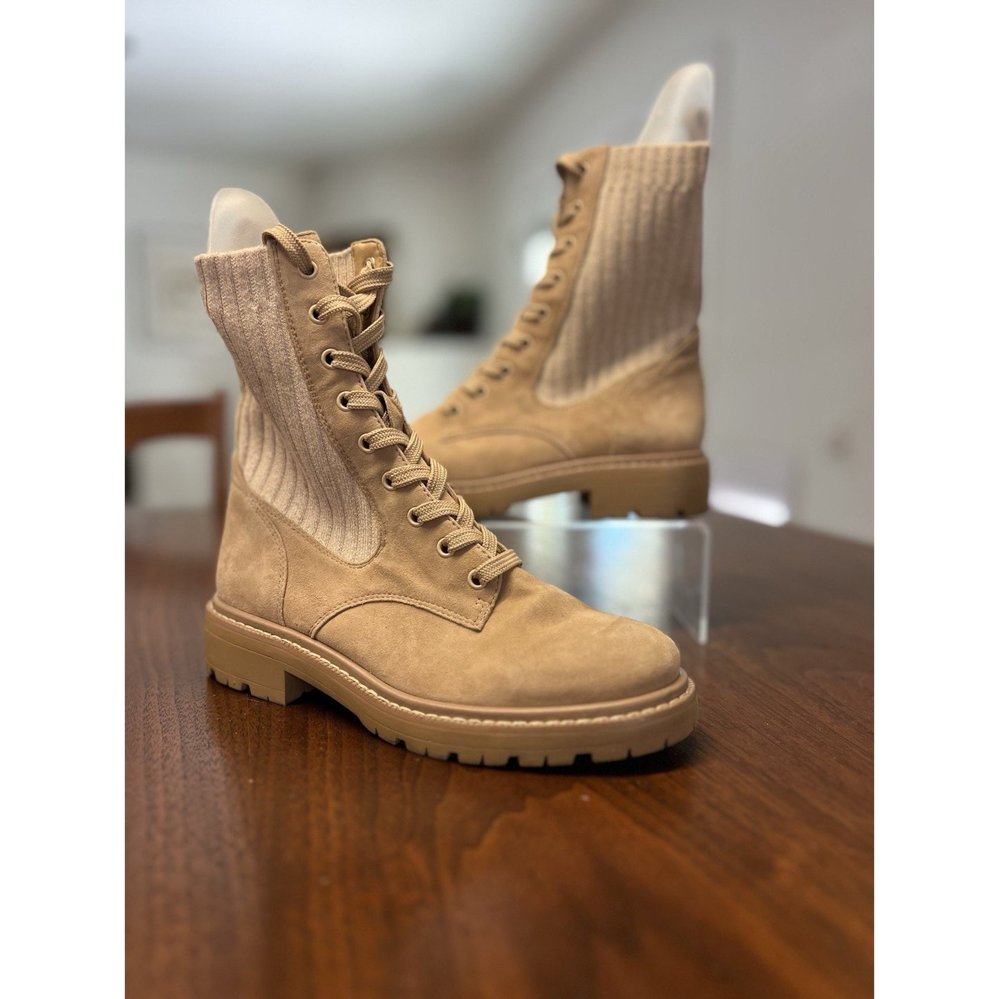 Sam Edelman Lydell Combat Boots 5 Tan Beige Ankle Booties Lug Suede Lace Up