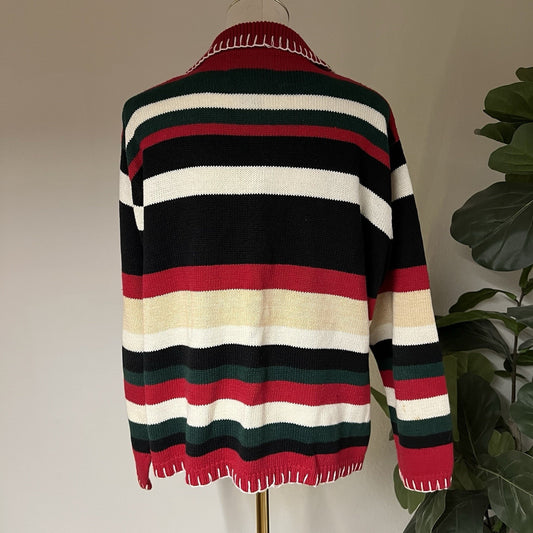 90s Ugly Christmas Sweater (L) Full Zip Knit Embroidered Snowman Tiara Int.