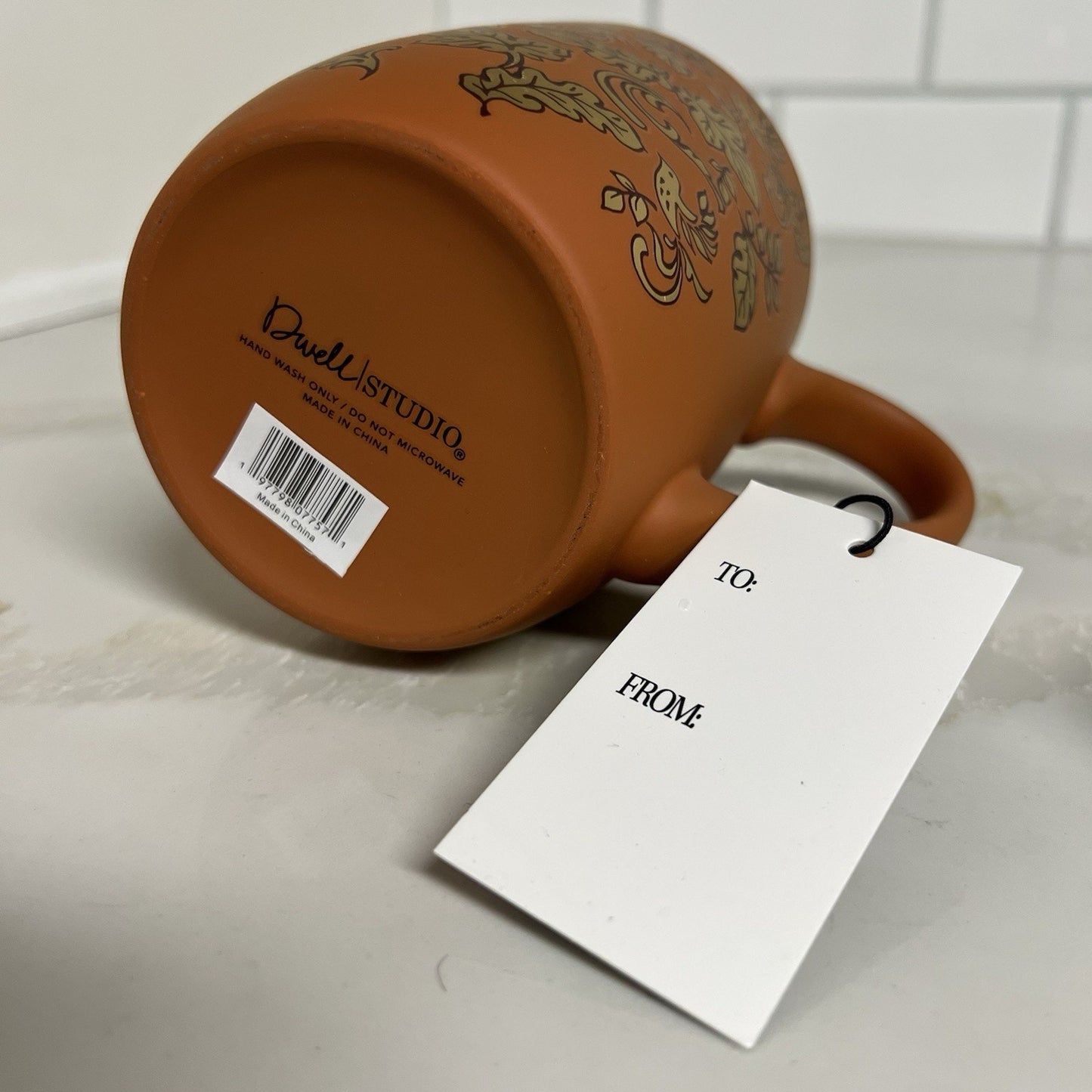 Dwell Studio Mug Soft Touch Terracotta Gold Leaf Birds Fall Farmhouse Autumn