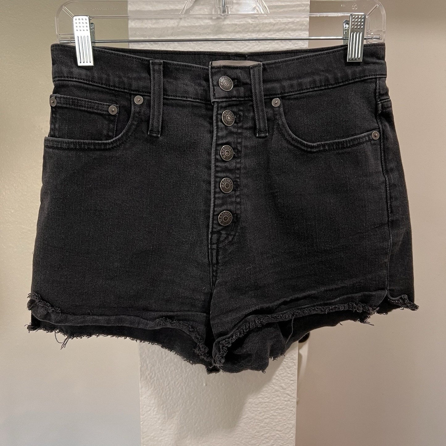Madewell Women Shorts 27 Black Denim Boyshorts Button Fly High Rise Raw Hem