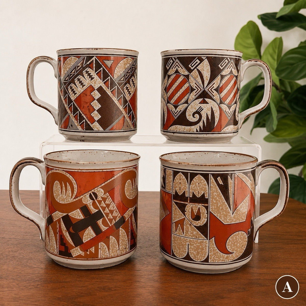 Takahashi Otagiri Stoneware 4 Mugs Tribal Native American Southwestern Geometric